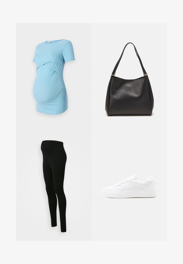 Top de maternidad azul claro con franjas y mangas cortas, con un diseño cruzado en la cintura, diseñado para la comodidad y la elasticidad.; Leggings de maternidad negros con una cinturilla alta y de soporte, textura suave, diseño ajustado y sin patrones ni adornos visibles.; Zapatilla blanca de corte bajo con suela gruesa, diseño con cordones y detalles de costura sutiles sobre un fondo claro y uniforme.; Bolso de mano de cuero sintético negro con una textura suave, forma de hobo y doble asa; presenta un acabado brillante y un diseño minimalista.