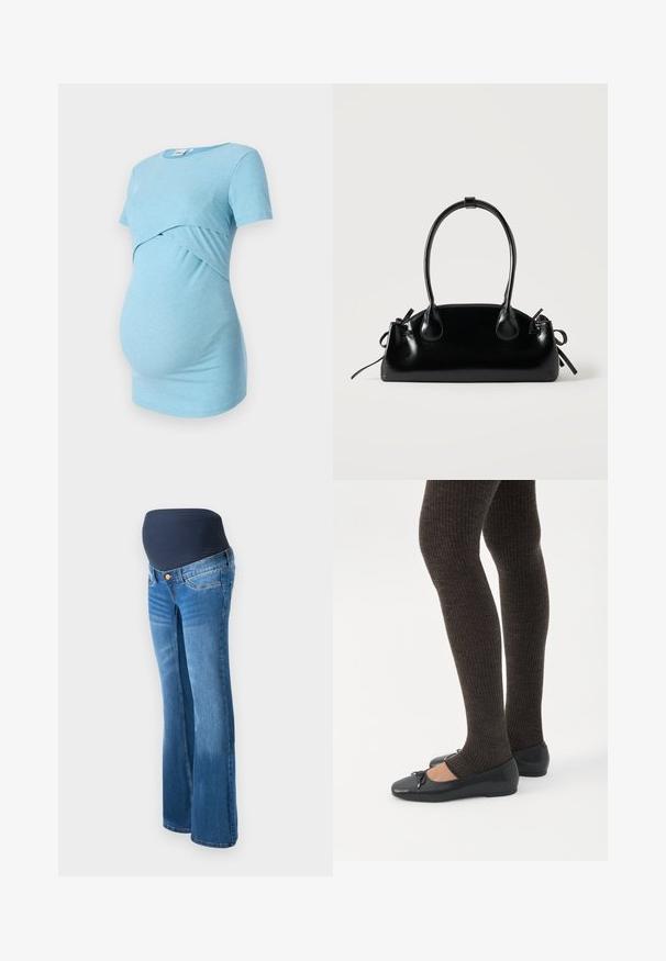 Un haut de maternité bleu clair à côtes avec des manches courtes et un design croisé à la taille, conçu pour le confort et l'élasticité.; Jeans de maternité en denim bleu, avec un panneau extensible bleu marine à la taille, des jambes évasées et un design classique à cinq poches.; Jambes portant des leggings côtelés foncés associés à des ballerines noires avec de petits détails en nœud sur fond blanc.; Petit sac à main noir brillant avec deux longues anses et des détails à cordon sur les côtés sur un fond clair uni.