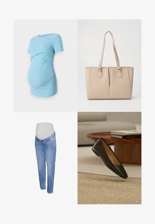 Top de maternidad azul claro con franjas y mangas cortas, con un diseño cruzado en la cintura, diseñado para la comodidad y la elasticidad.; Jeans de maternidad con una tela de mezclilla azul claro, diseño de pierna recta y una banda elástica gris en la barriga para mayor comodidad.; Zapato plano de cuero negro con punta cuadrada redondeada sobre una alfombra beige tejida, con mesa de café de madera y libros apilados en el fondo.; Bolso tote beige hecho de cuero sintético texturizado, con asas dobles y adornos en dorado. El diseño incluye un detalle frontal dividido.