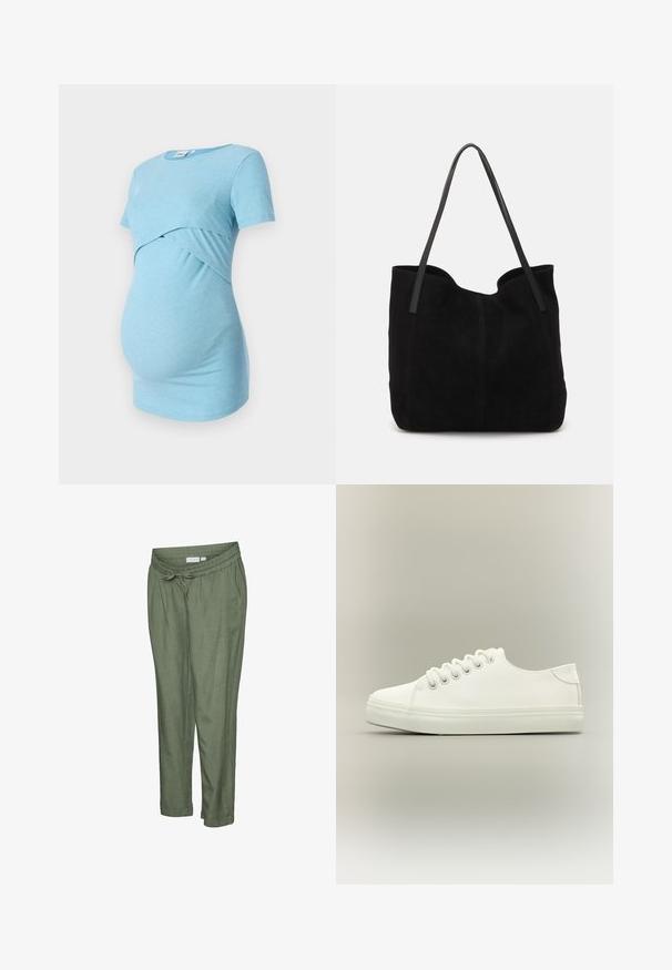 Un haut de maternité bleu clair à côtes avec des manches courtes et un design croisé à la taille, conçu pour le confort et l'élasticité.; Pantalon léger de couleur vert olive avec une coupe décontractée. Caractérisé par une taille élastique avec cordon de serrage, des ourlets retroussés et des poches latérales.; Baskets basses blanches avec lacets blancs et semelle en caoutchouc, vues de côté sur un fond neutre.; Sac fourre-tout en suède noir avec deux longues anses en cuir plates. Présente un bord supérieur incurvé et des coutures visibles sur le devant. Pas d'accents en métal.