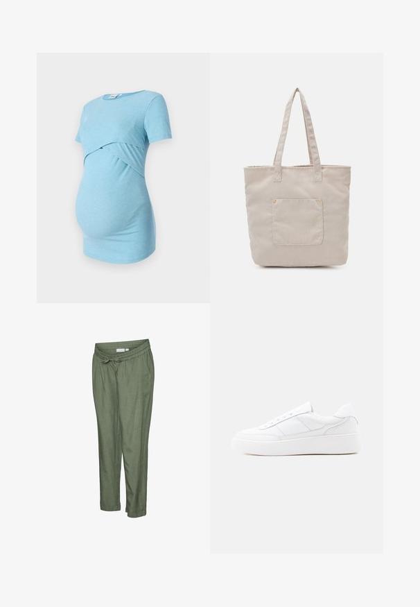 Un haut de maternité bleu clair à côtes avec des manches courtes et un design croisé à la taille, conçu pour le confort et l'élasticité.; Pantalon léger de couleur vert olive avec une coupe décontractée. Caractérisé par une taille élastique avec cordon de serrage, des ourlets retroussés et des poches latérales.; Baskets basses blanches avec semelle épaisse, design à lacets et détails de couture subtils sur un fond clair uni.; Sac fourre-tout en velours côtelé beige avec deux poignées pour l'épaule et une poche avant. Présente une texture subtile et des accents en doré.