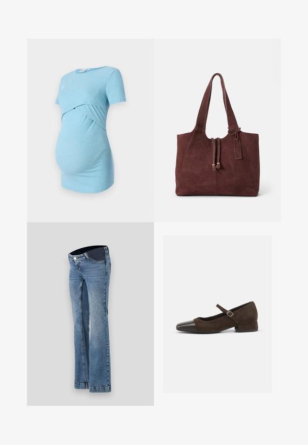 Top de maternidad azul claro con franjas y mangas cortas, con un diseño cruzado en la cintura, diseñado para la comodidad y la elasticidad.; Jeans de mezclilla azul claro con un diseño de pierna acampanada, que presentan una cinturilla oscura y un estilo de cinco bolsillos, terminados con detalles de costura visibles.; Zapato Mary Jane de ante marrón con una puntera de charol negro, correa ajustable y un tacón bajo. Textura suave con acentos mínimos.; Bolso tote de ante en burdeos oscuro con dos asas largas, cierre con cordón y una etiqueta pequeña adjunta, con una textura suave.