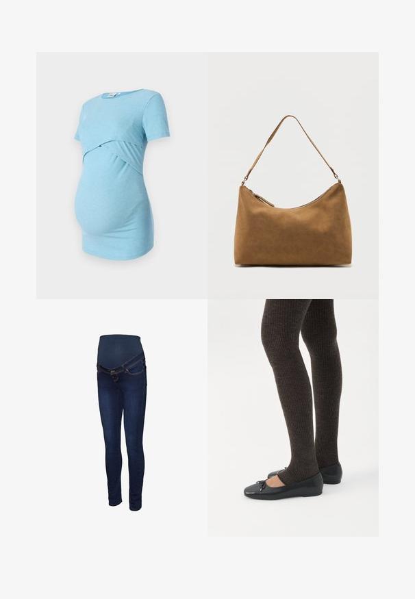 Lichtblauw geribbeld zwangerschaps-topje met korte mouwen en een crossover-ontwerp bij de taille, ontworpen voor comfort en rekbaarheid.; Donkerblauwe zwangerschapsjeans met een rekbare tailleband, een slanke pasvorm en klassieke vijfzakkenstijl met contrasterende stiknaden.; Benen met donkere geribbelde leggings gecombineerd met zwarte ballerina's met kleine strikdetails op een witte achtergrond.; Bruine suède schoudertas met een enkele band en een ritssluiting aan de bovenkant, gepresenteerd tegen een effen witte achtergrond.