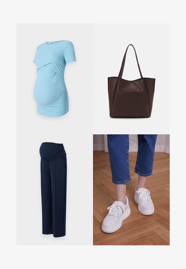 Lichtblauw geribbeld zwangerschaps-topje met korte mouwen en een crossover-ontwerp bij de taille, ontworpen voor comfort en rekbaarheid.; Marine zwangerschapsbroek gemaakt van zachte stof, met een elastische tailleband en verstelbaar koord, voorzien van twee zijzakken voor gemak.; Benen met cropped blauwe jeans en witte vetersneakers met plateauzool, staand op een lichte houten vloer.; Bruine tote bag gemaakt van glad materiaal, met een grote voorkantzak, twee handvatten en een vereenvoudigd, gestructureerd ontwerp.