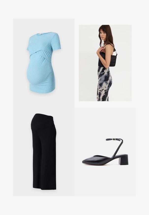 Lyseblå ribbet gravide top med korte ærmer og krydsdesign ved taljen, designet til komfort og stræk.; Sorte ribbede bredbenede bukser med høj talje. Stoffet er glat og strækbart, hvilket skaber en afslappet pasform hele vejen ned ad benene.; Sort læder sko med lav blokhæl, spids tå og tynd ankelrem med guldfarvet spænde på lys baggrund.; Sort quiltet skuldertaske med en enkelt rem og sølvhardware, parret med en tætsiddende kjole med tie-dye mønster i nuancer af sort og creme.