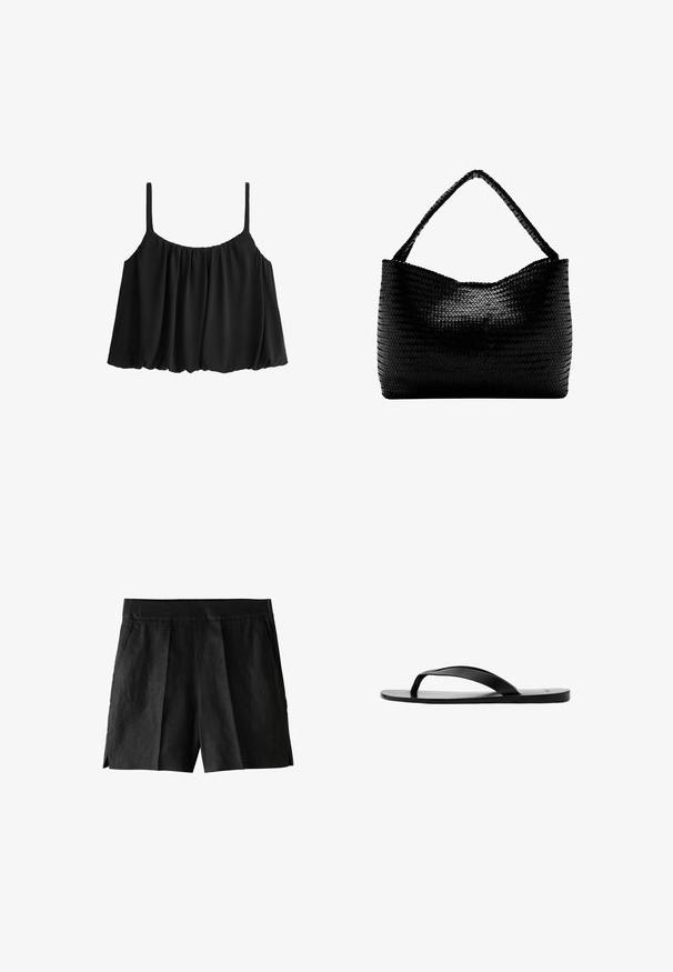 Sort ærmeløs cropped top med tynde stropper og en samlet, løs, ballonformet kant.; Sorte linnedrenge med plisseret front, sidelommer og en afslappet pasform. Stoffet har en glat tekstur og et afslappet design.; Sort flad flip-flop sandal med tynd Y-formet rem og glat sål, vist fra siden på hvid baggrund.; Sort vævet håndtaske med et enkelt flettet håndtag, rektangulær form og glansfuld tekstureret overflade.