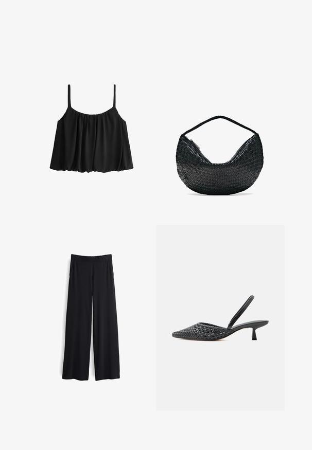 Zwart mouwloos cropped topje met dunne bandjes en een geplooide, losse, ballonstijl zoom.; Zwarte, wijde broek met een soepele textuur en elastische tailleband. Voorzien van zijzakken en een losse pasvorm voor comfort.; Zwarte geweven spikeschoen met slingback en een lage kittenhak op een effen lichte achtergrond.; Zwarte geweven lederen handtas in halve maanvorm met een enkele gevlochten handgreep en een ritssluiting bovenaan.