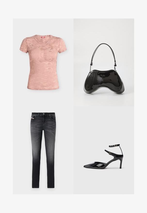 Kurzärmliges, figurbetontes pinkes Spitzen-T-Shirt mit dezentem Blumenmuster, rundem Halsausschnitt und kleinem Diesel-Logo unter dem Kragen.; Dunkelgraue Slim-Fit-Jeans aus Denim. Mit einem ausgebleichten Finish, standardmäßigem Fünf-Taschen-Design und Frontknopfverschluss.; Schwarze Lacklederabsätze mit spitzer Zehenpartie, verstellbaren Knöchelriemen und einem schlanken Absatz. Glatte Textur mit glänzender Oberfläche.; Schwarze Handtasche aus lackiertem Leder mit einer einzigartigen, geschwungenen Form, kurzem verstellbarem Griff und einem Reißverschluss oben. Glatte Textur mit dezentem Branding.