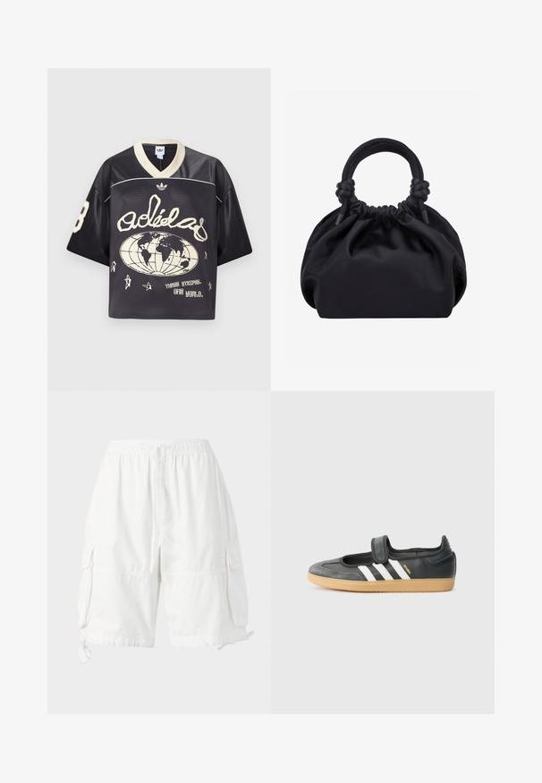 Schwarzes Sport-Trikot aus Mesh mit lockerem Schnitt, cremefarbenen Akzenten, V-Ausschnitt und Grafiken, darunter eine Weltkugel und Sterne.; Weiße Cargo-Shorts mit elastischem Bund und Kordelzug, ausgestattet mit zwei Seitentaschen und verstellbaren Saumkordeln. Hergestellt aus leichtem Stoff.; Schwarze Leder- und Wildledersneaker mit einem Klettverschluss, ausgestattet mit drei weißen Streifen und einer Gummisohle, beschriftet mit "SAMBA" an der Seite.; Schwarze weiche Stoffhandtasche mit gerafftem oberen Rand und runden, gepolsterten Griffen, die auf jeder Seite mit Knoten gebunden sind.