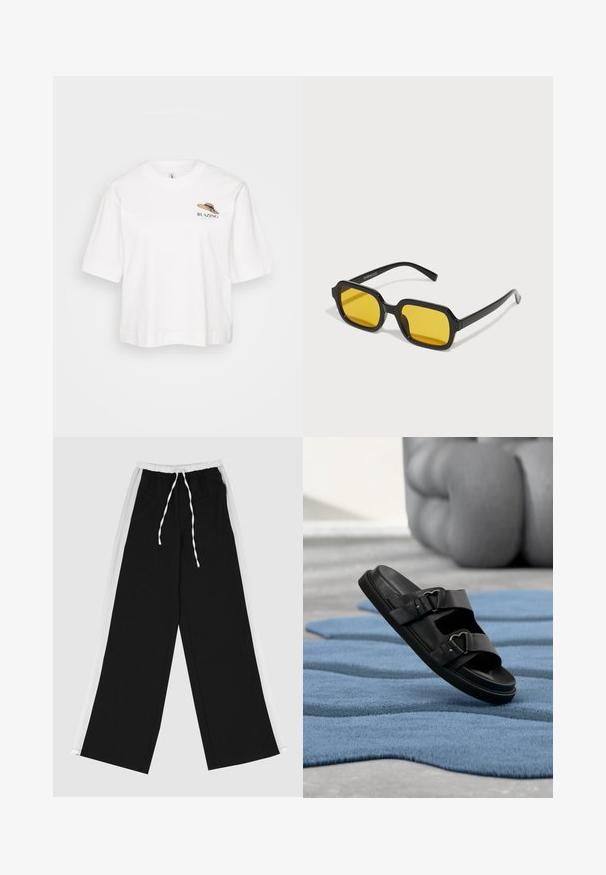Camiseta de algodón blanca con un corte relajado, que presenta mangas cortas y un diseño bordado de un sombrero de paja con el texto "BLAZING."; Pantalones de pierna ancha negros con una franja lateral blanca, cinturilla elástica y cordón. Fabricados con una tela suave y lisa para mayor comodidad.; Sandalia negra de piel con dos correas ajustables con hebillas, descansando sobre una superficie azul texturizada, con un objeto acolchado desenfocado en el fondo.; Gafas de sol negras rectangulares con lentes amarillos. Presentan montura gruesa y un diseño angular con un acabado liso y brillante.
