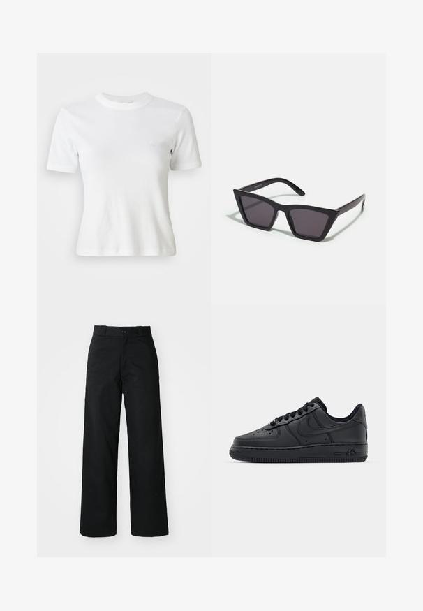 T-shirt blance à manches courtes en côte, avec un col rond et un petit logo sur la poitrine. Fabriqué en tissu doux avec une coupe ajustée.; Pantalons larges noirs avec un devant plat, une fermeture à bouton et des passants de ceinture. Fabriqués en tissu durable avec une texture lisse.; Baskets en cuir noir avec boîte à orteils perforée, lacets plats et semelle en caoutchouc. Présente un petit logo sur le côté et des détails texturés.; Lunettes noires angulaires avec des verres gris ; fabriquées en plastique, avec des branches épaisses à la surface lisse et sans matériel visible.