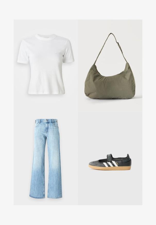 Weiße, gerippte Kurzarm-T-Shirt mit Rundhalsausschnitt und kleinem Logo auf der Brust. Aus weichem Stoff gefertigt mit taillierter Passform.; Helle blaue Denim-Jeans mit weitem Bein, hoch geschnitten, klassischer Fünf-Taschen-Design und Knopfverschluss, mit einer leichten Ausbleichung nahe dem Saum.; Schwarze Leder- und Wildledersneaker mit einem Klettverschluss, ausgestattet mit drei weißen Streifen und einer Gummisohle, beschriftet mit "SAMBA" an der Seite.; Olivgrüne weiche Stoff-Schultertasche mit Reißverschluss und verstellbarem Tragegurt vor einfarbig hellem Hintergrund.