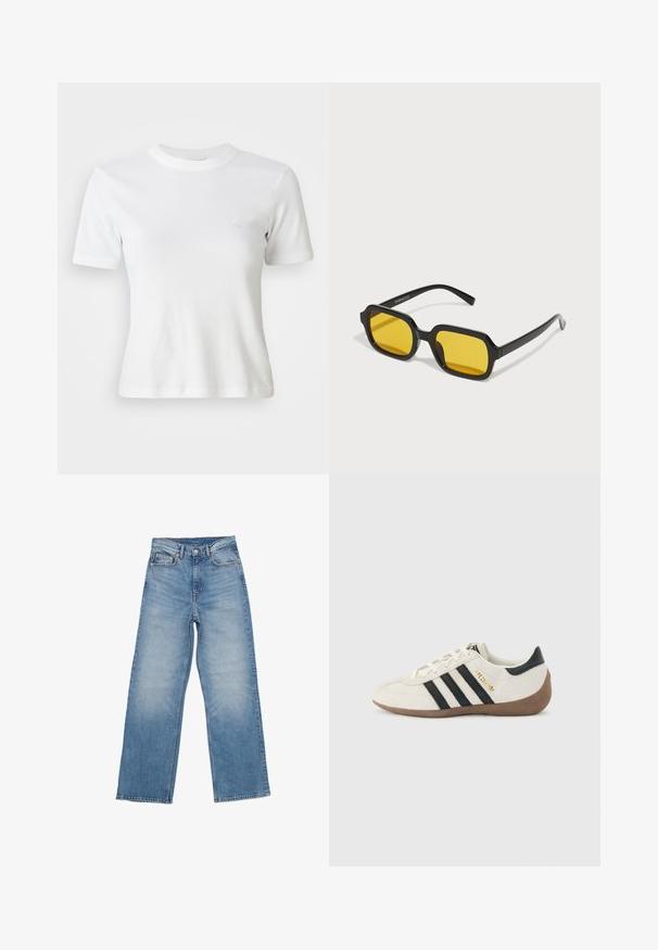 Weiße, gerippte Kurzarm-T-Shirt mit Rundhalsausschnitt und kleinem Logo auf der Brust. Aus weichem Stoff gefertigt mit taillierter Passform.; Helle blaue Jeans aus Denim verfügen über ein gerades Beinprofil, fünf Taschen und einen Knopfverschluss. Der Stoff zeigt eine ausgebleichte Struktur.; Weißer Adidas-Sneaker mit schwarzen Streifen, brauner strukturierter Sohle und goldener Aufschrift "SPEZIAL" an der Seite, von der Außenseite betrachtet.; Schwarze rechteckige Sonnenbrillen mit gelben Gläsern. Merkmale sind dicke Rahmen und ein kantiges Design mit einer glatten, glänzenden Oberfläche.