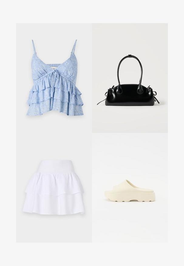 Camiseta sin mangas de color azul claro, con un patrón, tirantes ajustables y un cuerpo fruncido, además de un diseño de volantes en capas. Textura de tela suave.; Falda blanca de volantes hecha de un tejido ligero, con un diseño ligero que cuenta con una cinturilla elástica y dos capas con volantes.; Sandalia beige sin correa con una superficie lisa similar al caucho, puntera redondeada, suela gruesa y fondo texturizado para un mejor agarre. Diseño minimalista.; Pequeño bolso negro brillante con dos asas largas y detalles de cordón lateral sobre un fondo claro liso.