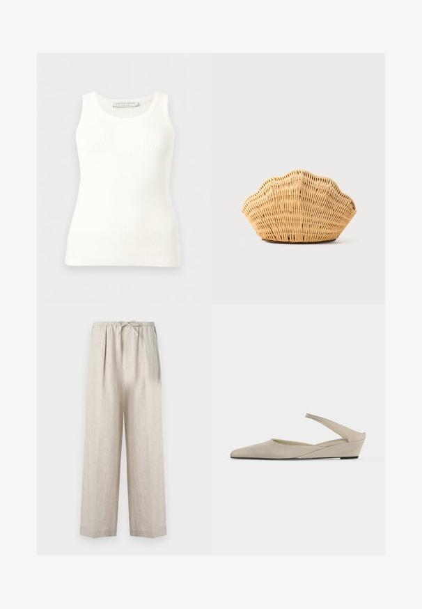 Débardeur blanc côtelé sans manches avec encolure ronde, coupe ajustée, et étiquette de la marque à l'intérieur du col arrière.; Pantalon en lin beige clair avec une coupe décontractée, équipé d'une taille à cordon de serrage et de plis sur les côtés pour plus de confort et de style.; Chaussure slingback beige à petit talon compensé, bout pointu et finition mate lisse, présentée de profil sur fond blanc.; Sac à main en rotin tissé en forme de coquille Saint-Jacques de couleur brun clair naturel avec des bords arrondis et texturés.