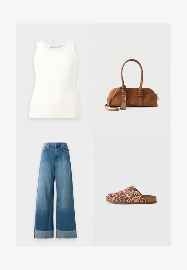 Débardeur blanc côtelé sans manches avec encolure ronde, coupe ajustée, et étiquette de la marque à l'intérieur du col arrière.; Jeans en denim bleu à taille haute et jambes larges avec poches avant, fermeture à bouton, et détails de l'ourlet en décoloration visible.; Sabots à imprimé léopard avec un détail de boucle en or. Matériau doux, semelle en liège et semelle brun texturée pour une bonne adhérence.; Sac à main en daim marron avec double poignées supérieures, sangles réglables, fermeture éclair dorée et petit logo doré au centre avant.