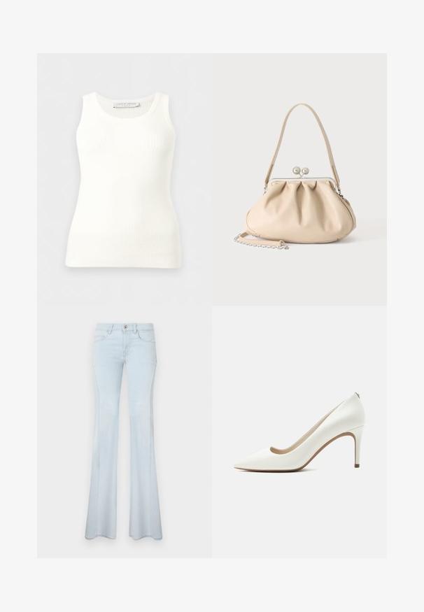 Hvid, ribstrikket, ærmeløs tanktop med rund halsudskæring, tætsiddende pasform og mærkeetiket på indersiden af bagkraven.; Lyseblå flagrende jeans lavet af denim. Funktioner inkluderer en knaplukning, fem lommer og diskret syning. Glat tekstur og brede ben.; Hvidt læder spidst stiletto hæl med slank høj hæl og glat finish, vist fra siden på en ensartet lys baggrund.; Beige blød læderhåndtaske med en sølv metalramme-lukning, enkelt skulderstrop og en valgfri kæderem på en hvid baggrund.