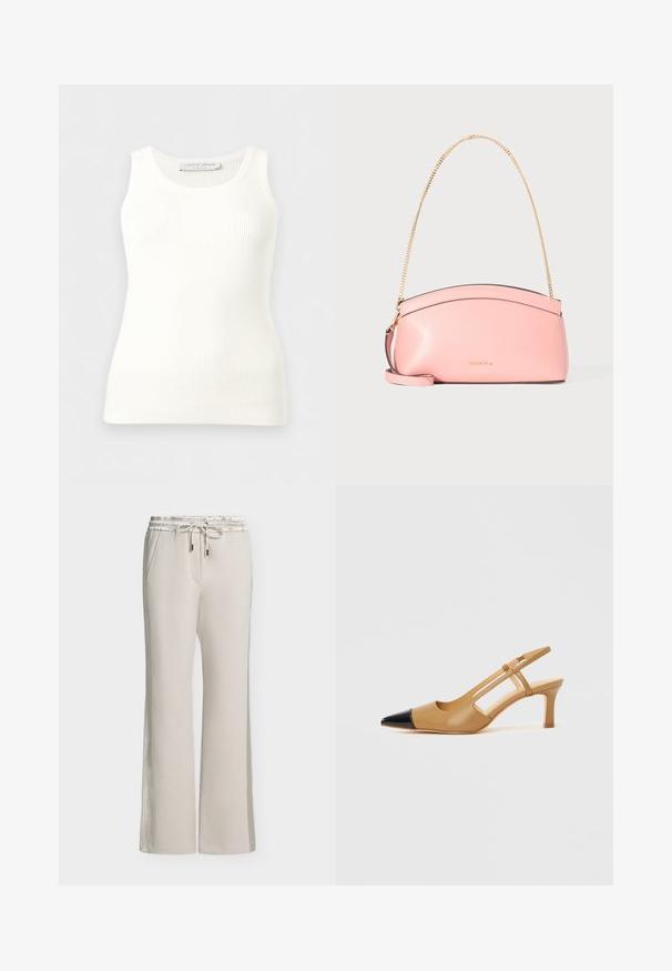 Débardeur blanc côtelé sans manches avec encolure ronde, coupe ajustée, et étiquette de la marque à l'intérieur du col arrière.; Pantalon beige clair à jambes larges avec taille élastique et cordon, poches latérales et détails subtils de coutures.; Escarpins slingback couleur fauve avec embout pointu noir, côtés découpés et talon bloc de hauteur moyenne. Matière en cuir lisse.; Sac à bandoulière en cuir rose avec bandoulière chaîne dorée et petit logo Michael Kors doré au centre devant.