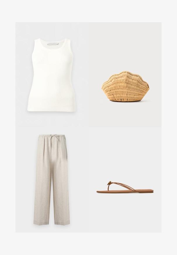 Débardeur blanc côtelé sans manches avec encolure ronde, coupe ajustée, et étiquette de la marque à l'intérieur du col arrière.; Pantalon en lin beige clair avec une coupe décontractée, équipé d'une taille à cordon de serrage et de plis sur les côtés pour plus de confort et de style.; Sandale plate beige avec fines doubles lanières sur le doigt de pied et le côté, ornée d'un petit élément décoratif métallique près de la bride entre les orteils.; Sac à main en rotin tissé en forme de coquille Saint-Jacques de couleur brun clair naturel avec des bords arrondis et texturés.
