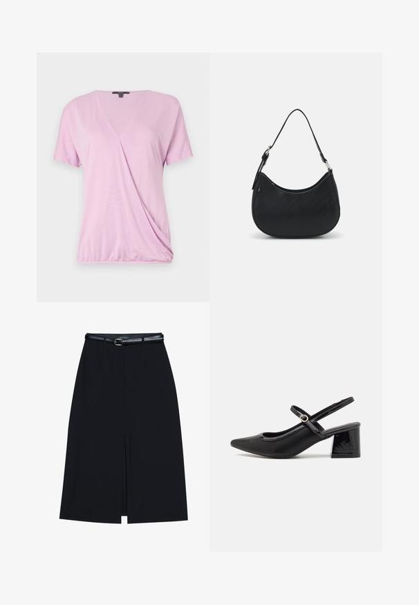 Haut rose à manches courtes avec un col en V, présentant un détail froncé sur le côté et un tissu lisse et léger pour un look ajusté.; Jupe noire à mi-cuisse avec une fente frontale, fabriquée en tissu lisse. Comprend une fine ceinture noire avec une boucle en argent et des passants.; Escarpins slingback en cuir verni noir avec un embout pointu, un design à découpes arrondies et un talon carré. Présente un accent de boucle en ton doré.; Sac hobo noir en cuir lisse avec une silhouette arrondie, doté d'une seule sangle ajustable et de détails de design minimalistes.