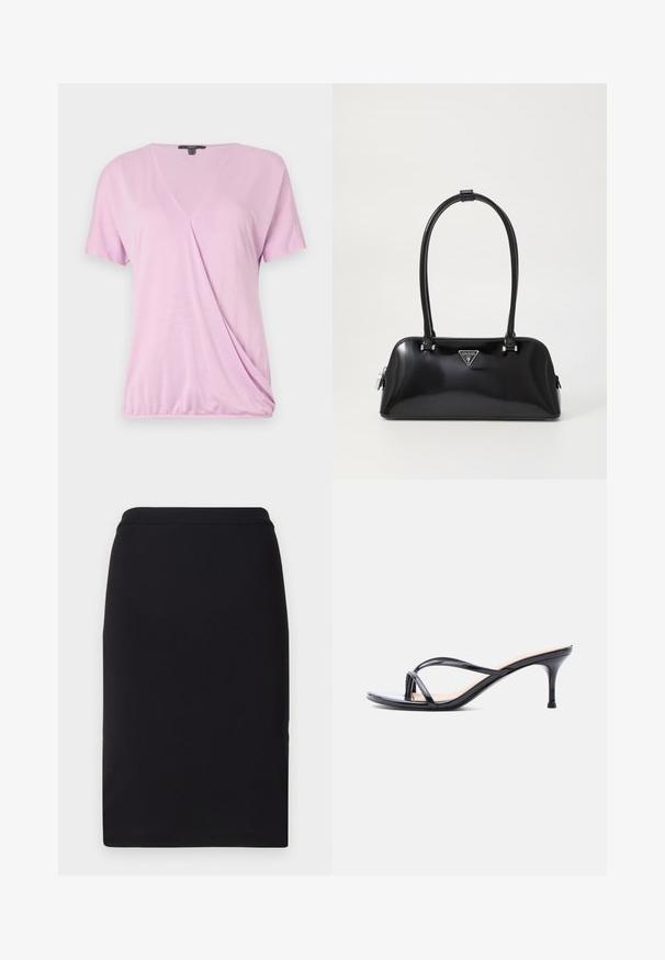 Haut rose à manches courtes avec un col en V, présentant un détail froncé sur le côté et un tissu lisse et léger pour un look ajusté.; Jupe crayon noire en tissu extensible, avec une texture lisse et un design slim et droit, dotée d'une taille ajustée.; Sandale à talon en cuir verni noir avec fines lanières croisées et talon aiguille moyen et élancé sur fond blanc.; Sac à main noir brillant avec une silhouette incurvée, deux poignées et une plaque logo à l'avant. Fermeture éclair et accents en matériel brillant.