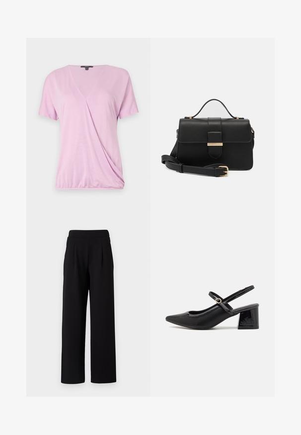 Roze top met korte mouwen en een V-hals, met een geplooid detail aan de zijkant en een soepele, lichte stof voor een strakke uitstraling.; TOM TAILOR DENIM PLEATED PANTS - Broek - deep black; Zwarte gepolijste leren slingback hakken met een spitse neus, een ronde uitsnede en een blokhak. Voorzien van een gouden gespaccent.; Zwarte leren handtas met gouden metalen accenten, rechthoekige vorm, flapsluiting, verstelbare schouderriem, soepele textuur, minimalistisch design.