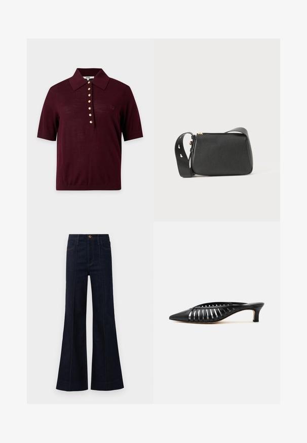 Polo à manches courtes couleur bordeaux foncé avec un col large et une rangée de sept boutons dorés au centre devant.; Jean flare en denim bleu foncé avec une taille haute, des poches avant et des coutures visibles. Le tissu a une texture lisse et une forme structurée.; Mule en cuir noir avec bout pointu, design découpé à brides et petit talon kitten sur fond blanc.; Sac bandoulière noir en cuir avec une forme rectangulaire, surface texturée, quincaillerie dorée et une bandoulière ajustable avec des découpes.