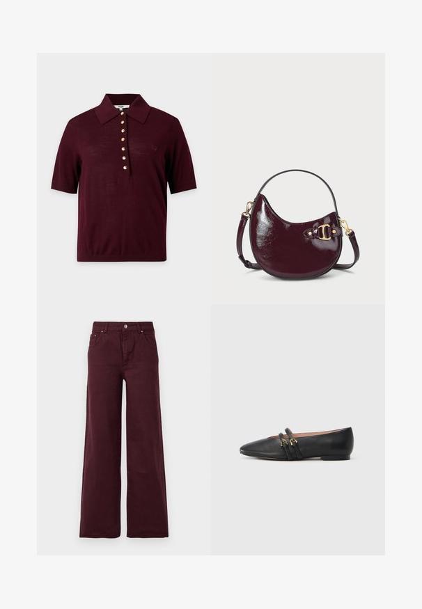 Donker bordeauxrood poloshirt met korte mouwen, een brede kraag en een rij van zeven gouden knopen middenvoor.; Bordeaux wijd-uitlopende jeans met een hoge taille, metalen knoopsluiting, voorzakken en een gladde, iets gestructureerde stof.; Zwarte leren platte schoenen met een spitse neus, voorzien van twee zwarte banden met gouden accenten. Soepele textuur en lage hak.; Bordeaux glanzend leren tas met een gebogen vorm, gouden hardware accenten en een korte schouderband. Decoratieve gesp detail aan de zijkant.