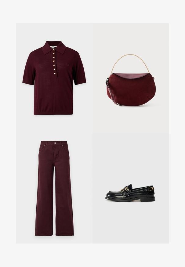 Polo à manches courtes couleur bordeaux foncé avec un col large et une rangée de sept boutons dorés au centre devant.; Jeans larges bordeaux avec taille haute, fermeture à bouton en métal, poches avant et un tissu lisse, légèrement texturé.; Mocassins en cuir noir avec une finition brillante, dotés de deux boucles dorées et d'un talon bas. Texture lisse avec un design à bout arrondi.; Sac à main en forme de croissant en daim rouge foncé avec rabat en cuir lisse, poignée en chaîne dorée et bandoulière en cuir réglable sur fond blanc.