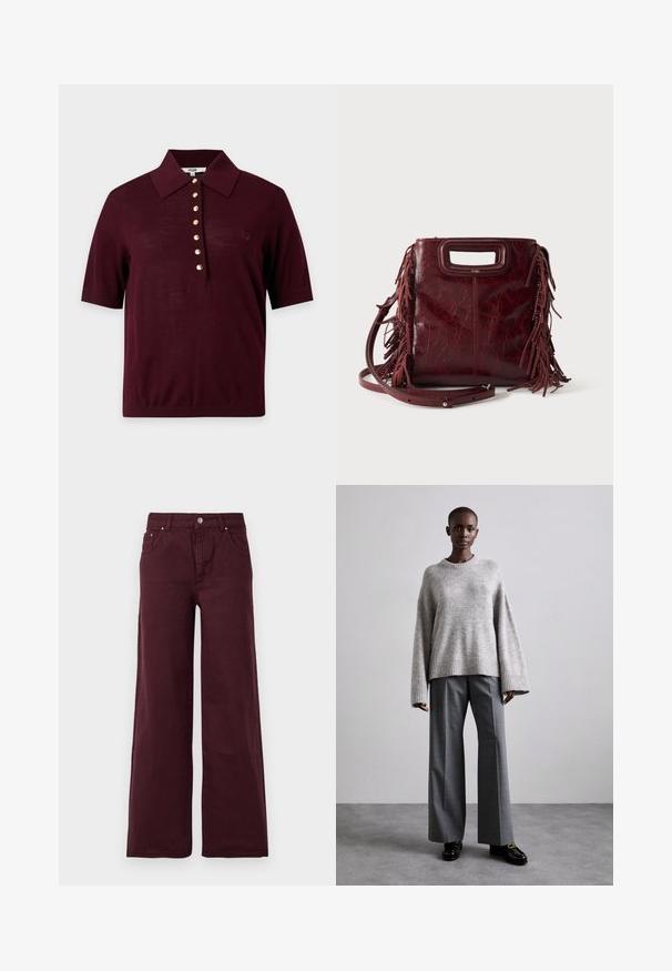 Polo à manches courtes couleur bordeaux foncé avec un col large et une rangée de sept boutons dorés au centre devant.; Jeans larges bordeaux avec taille haute, fermeture à bouton en métal, poches avant et un tissu lisse, légèrement texturé.; Pull en maille gris avec des manches larges et un ourlet côtelé, assorti à un pantalon gris taille haute avec un motif à carreaux discret et des mocassins noirs.; Sac à main carré en cuir bordeaux avec poignée découpée, détails de franges latérales et bandoulière réglable sur fond uni.
