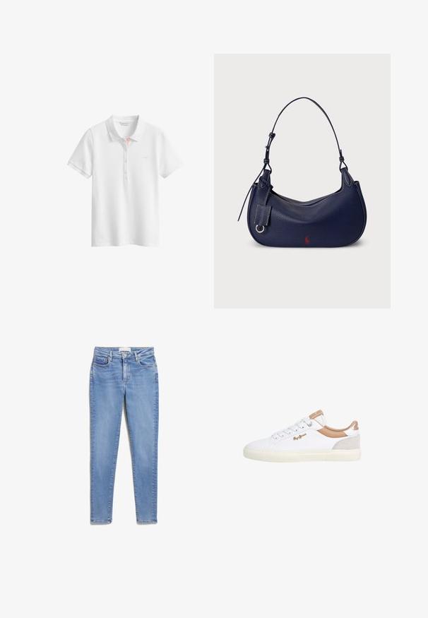 Wit polohemd met korte mouwen, een kraag, drie knopen en subtiele branding op de linkerborst, gepresenteerd tegen een effen achtergrond.; Lichtblauwe denim jeans met een slim fit, met voorzakken, een knoopsluiting en een subtiele vervaagde textuur.; Witte sneaker met leren en suède accenten in beige. Voorzien van platte veters, een merklogo en een getextureerde rubberen zool voor grip.; Marineblauwe leren hobo-tas met een gebogen vorm, een gestructureerde afwerking, een verstelbare schouderriem en een klein rood logo-accent aan één kant.