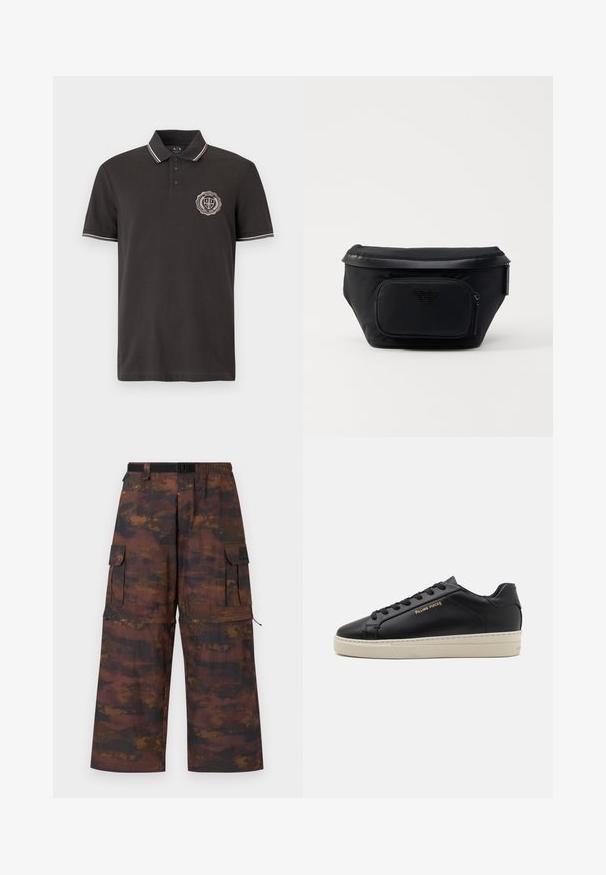 Polo negro de manga corta con tres botones, ribete blanco en el cuello y las mangas, y un parche circular con el logo en el pecho izquierdo.; Pantalones cargo en un tejido marrón texturizado con un patrón abstracto desgastado. Presentan piernas anchas, cinturilla elástica y múltiples bolsillos.; Zapatilla de cuero negra con un acabado suave, suela crema en contraste, puntera redonda, logo dorado en el lateral y seis ojales para los cordones.; Bolsa negra de nailon con un bolsillo delantero con cremallera, presenta una textura lisa y un acento de logo. Diseño estructurado con una tapa plegable.