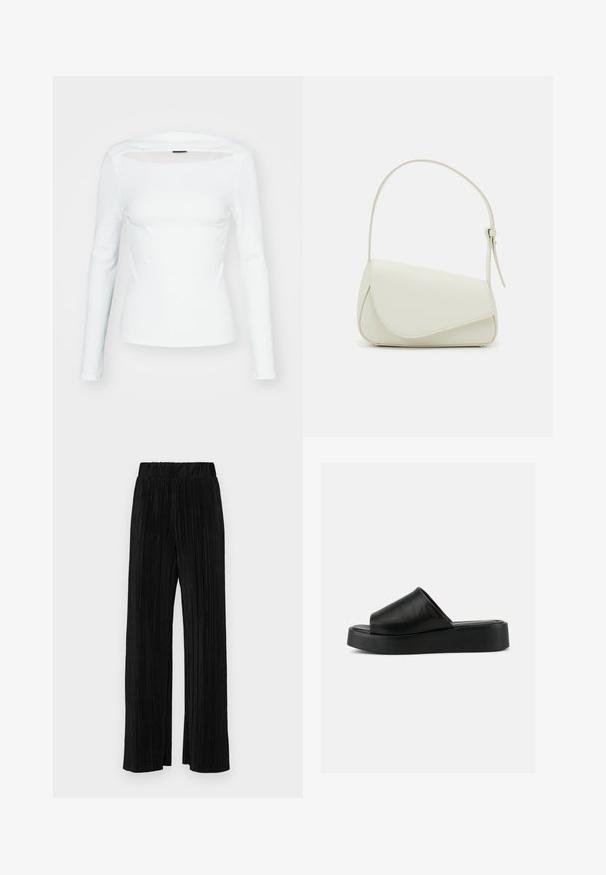 Haut à manches longues blanc avec décolleté carré et découpe à l'avant, fabriqué en matériau côtelé. Design ajusté, texture lisse.; Pantalons plissés noirs avec une taille élastique. Présente des jambes larges et un tissu lisse texturé avec des rayures verticales.; Sandale compensée noire à enfiler avec tige large en cuir et semelle épaisse, vue de profil sur un fond gris uni.; Sac à main en cuir synthétique blanc avec une forme triangulaire structurée, une bandoulière unique réglable et un rabat à courbes accentuées.