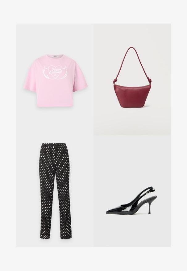 Hellrosa cropped T-Shirt mit weißem Herz-Design und dem Text "Chica Caliente" auf der Vorderseite, kurzen Ärmeln und rundem Ausschnitt.; Schwarze gerade geschnittene Hose mit weißen Polka-Dots, elastischem Bund und ohne sichtbare Taschen oder Verschlüsse, vor einem einfarbigen Hintergrund dargestellt.; Schwarze Lackleder Slingback-Pumps mit einer spitzen Zehe und schlankem Absatz. Mit einem verstellbaren Schnallenriemen hinten. Glatte Textur.; Kleine Schultertasche aus kastanienbraunem Leder mit geknotetem Riemen und Reißverschluss oben vor einem schlichten hellen Hintergrund.