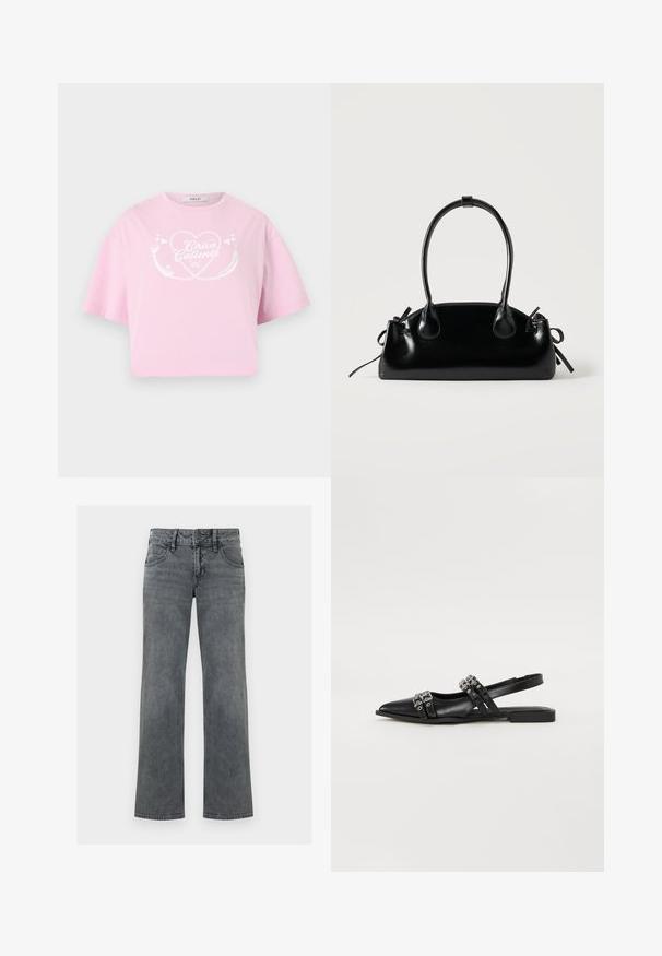 Ροζ cropped T-shirt με λευκό σχέδιο καρδιάς και κείμενο "Chica Caliente" στο μπροστινό μέρος, με κοντά μανίκια και στρογγυλή λαιμόκοψη.; Γκρι τζιν με ίσια γραμμή, κουμπί μπροστά, φερμουάρ και πέντε τσέπες, απεικονίζονται σε λευκό φόντο.; Even&Odd by Zalando Μπαλαρίνες με λουράκι στον αστράγαλο - black; Μικρή μαύρη γυαλιστερή τσάντα με δύο μακριές λαβές και λεπτομέρειες με ρυθμιζόμενο κορδόνι στο πλάι σε απλό ανοιχτό φόντο.
