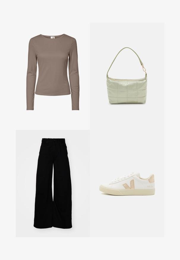 Pitkähihainen slim fit crew neck -paita, tasaisessa taupe-värissä, jossa on yksinkertainen muotoilu ja ribbikuvio.; Mustat farkut leveillä lahkeilla ja korkealla vyötäröllä, joissa on vyölenkit, viisi taskua ja puhdas, teksturoitu pinta.; Valkoinen nahkainen lenkkari, jossa vaaleanpunaiset yksityiskohdat, pyöreä kärki, nauhallinen suljenta, kuvioitu kumipohja ja logo kannassa.; Vihreä pehmustettu olkalaukku, jossa on pehmeä rakenne, suorakulmainen muoto, yksi hihna ja kultasävyinen vetoketju. Sisältää tikattu kuvio.