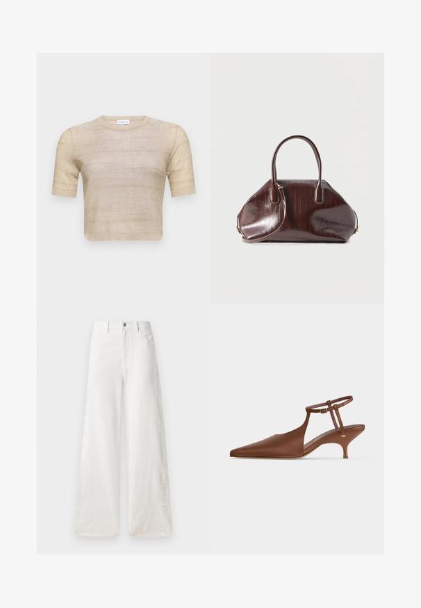 Kortærmet, cropped sweater i lys beige med metallisk glimmer. Glat tekstur med vandrette striber og en rund halsudskæring.; Hvide bukser med vidde lavet af denim, der har broderede mønstre på siden og en traditionel femlomme-design. Lynlås-lukning med en knap.; Brun satin slingback kitten heel med spids tå og justerbar ankelrem spænde på hvid baggrund.; Mørkebrunt, skinnende læderhåndtaske med to håndtag og en aftagelig skulderrem, sat op mod en ensfarvet lys baggrund.