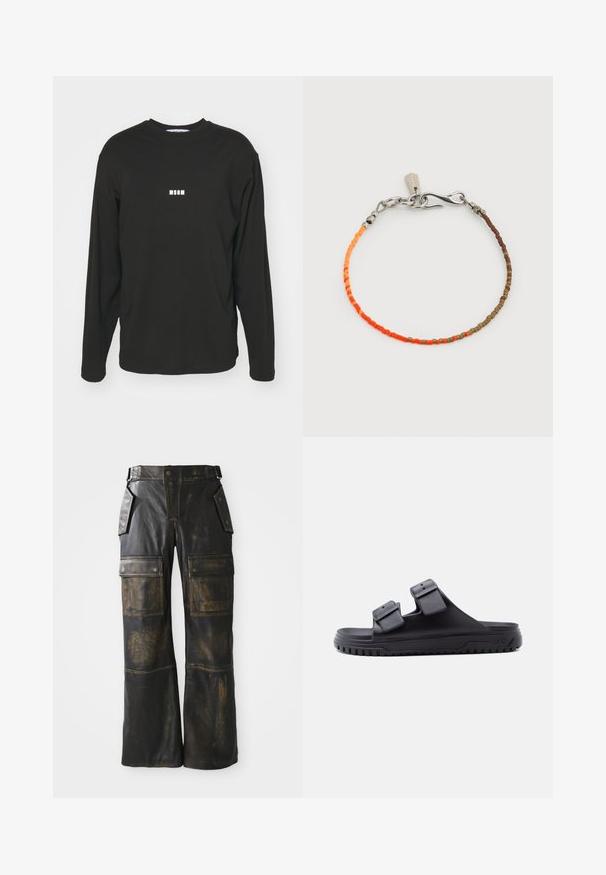 Zwarte langmouw T-shirt van katoen, met een klein wit "MSGM" logo op de borst, ronde hals en een vrije pasvorm.; Zwarte leren cargobroeken met een versleten textuur, voorzien van grote zijzakken, een hoge taille en contrasterende stiksels over de naden.; Zwarte slipperslipper met twee brede verstelbare banden en een gestructureerde zool, ontworpen voor casual gebruik en comfort.; Delicaat armbandje met kleine vierkante kralen in oranje, bruin en beige tinten, vastgemaakt met een zilveren haaksluiting.
