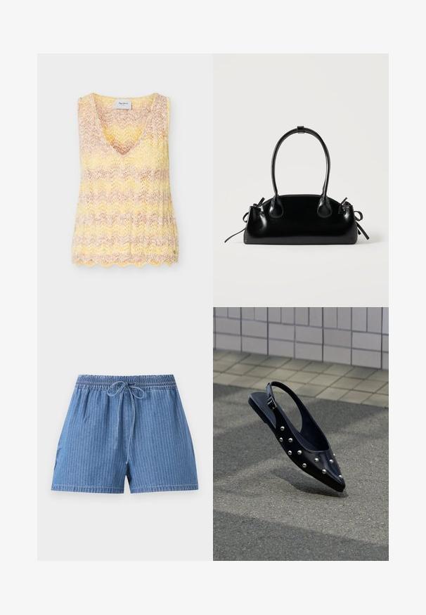 Veste en tricot sans manches à col en V dégradé jaune et beige, dotée d’un ourlet festonné et d’un motif en dentelle chevron.; Short en denim bleu avec fines rayures verticales, taille élastique et cordon de serrage à l’avant.; Chaussure slingback noire à bout pointu avec des clous argentés, flottant au-dessus d'un bitume près d'un mur carrelé en arrière-plan.; Petit sac à main noir brillant avec deux longues anses et des détails à cordon sur les côtés sur un fond clair uni.