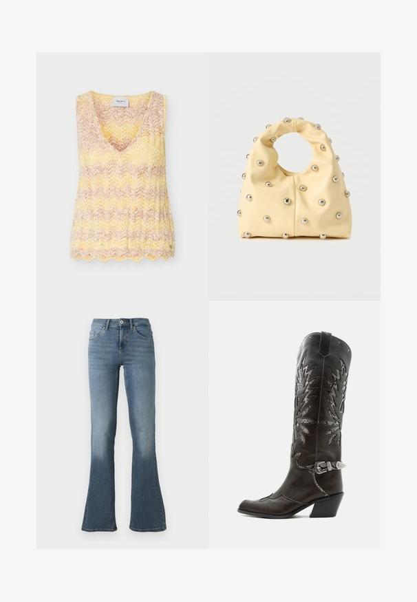 Ærmeløs strikket vest med V-udskæring i gul og beige gradient, med en bølget kant og chevron blonde mønster.; Lyseblå jeans i denim med høj talje, knap- og lynlåslukning, lommer foran og bagpå samt vide ben.; Sort læder cowboystøvle med dekorative udskæringer, sølvspænde og skrå hæl, vist på hvid baggrund.; Blød gul håndtaske med cirkulært håndtag, dekoreret med jævnt fordelte små sølvfarvede metalknopper på en glat overflade.