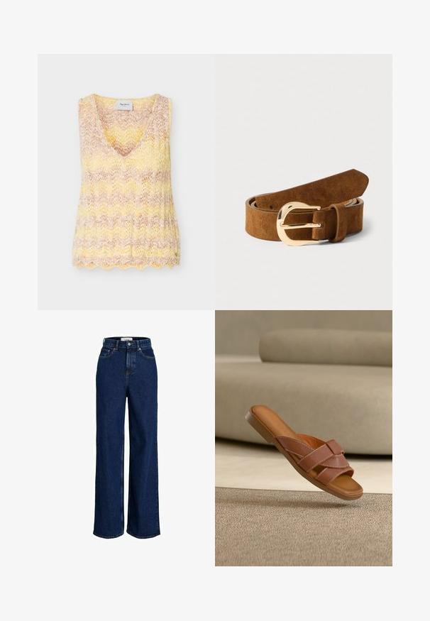 Ärmellose Strickweste mit V-Ausschnitt in Gelb-Beige-Farbverlauf, mit gewelltem Saum und Chevron-Spitzenmuster.; Dunkelblaue, hoch taillierte Jeans mit weitem Bein, vorderen Taschen, Gürtelschlaufen, Knopfverschluss und sichtbaren Nahtdetails.; Braune Ledersandale mit überkreuzten Riemen und strukturierter Oberseite. Verfügt über eine flache, niedrige Sohle mit offenem Zehendesign.; Brauner Wildledergürtel mit glatter Textur, ausgestattet mit einer goldfarbenen Metallschnalle. Das Design ist schlicht mit einem gerade zulaufenden Ende.