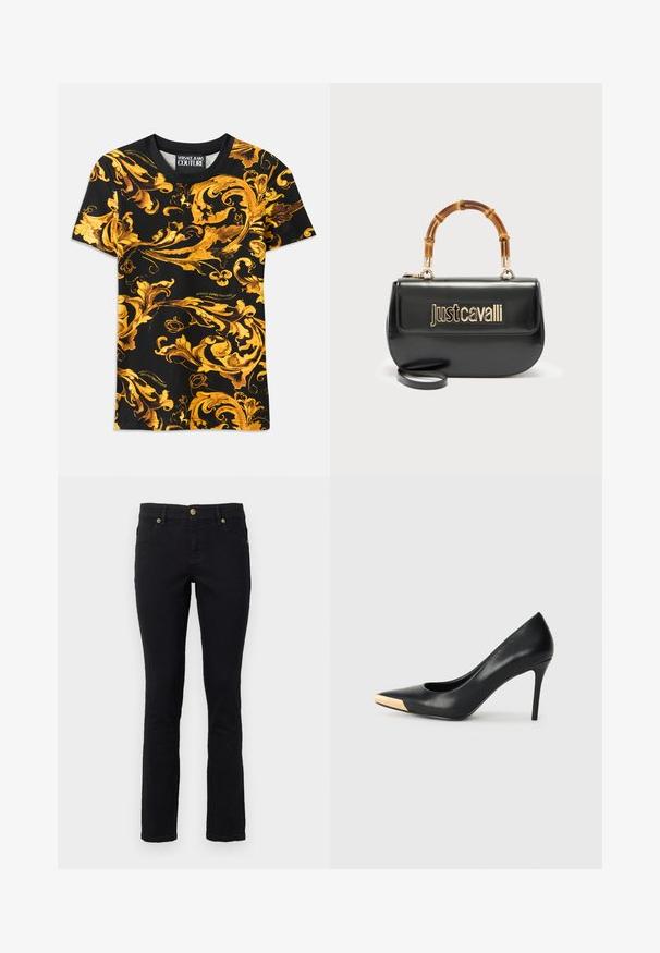 Camiseta negra con intrincado patrón barroco dorado, que presenta diseños en espiral. Tela de algodón, mangas cortas y detalle del logo en el dobladillo.; Jeans de mezclilla negros con corte recto, diseño de cinco bolsillos, cierre de botón y acentos de hardware en tono dorado. Textura suave con un detalle mínimo.; Zapato de tacón alto de cuero negro con puntera afilada; presenta un detalle metálico dorado en la tapa del tacón. Superficie lisa con un diseño elegante.; Bolso de cuero negro con el logo dorado "Just Cavalli" en el frente y asa curvada de bambú, con una correa larga desmontable.