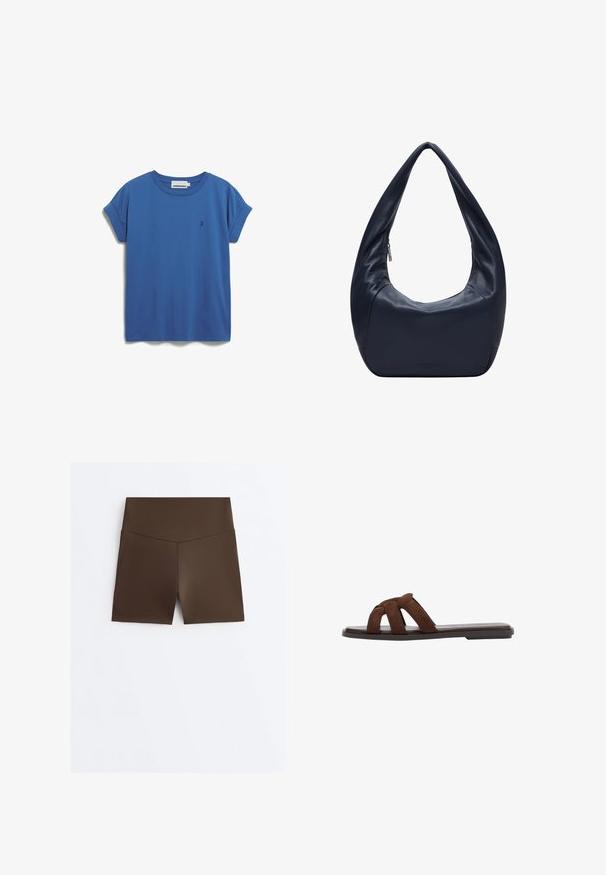 Blaues Baumwoll-T-Shirt mit kurzen, aufgerolltenÄrmeln, rundem Ausschnitt und einem kleinen, gestickten Logo auf der Brust. Weicher Stoff, lässiges Design.; Braune, hoch taillierte, enganliegende Sportshorts mit V-förmigem Nahtdetail am Bund, dargestellt vor weißem Hintergrund.; Braune, flache Slidesandale mit Wildleder-Kreuzriemen und dünner Sohle, von der Seite auf weißem Hintergrund gezeigt.; Dunkelblaue Leder-Umhängetasche in Mondsichelform mit Reißverschluss am oberen Rand, entworfen für den täglichen Gebrauch.