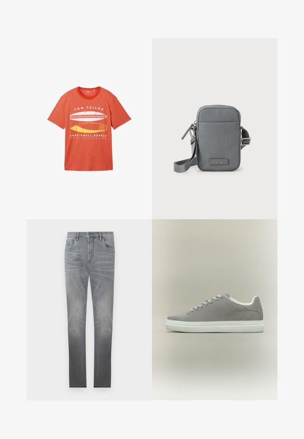 Rot gestreiftes T-Shirt mit Rundhalsausschnitt. Verziert mit einer weißen Surfbrettgrafik und dem Text "TOM TAILOR" in Weiß. Kurze Ärmel und lockere Passform.; Graue Jeans aus Denim mit einem ausgebleichten Design, fünf Taschen, Knopfverschluss und geradem Schnitt. Sanfte Textur mit leichtem Verschleiß an den Kanten.; Grauer Sneaker aus Wildleder mit weißer Gummisohle und Schnürsenkeln, mit niedrigem Schnitt und glatter Oberfläche. Minimalistischer Stil ohne sichtbare Logos.; Kleine graue Umhängetasche mit gewebter Textur, Reißverschluss, verstellbarem Tragegurt und "Calvin Klein"-Logo auf der Vorderseite.