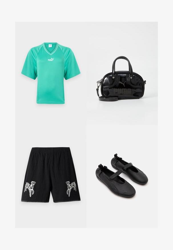 Türkiissinine lühikeste varrukatega spordisärk V-kaelusega ja valge Puma logoga, mis on paigutatud keskele rinna piirkonda, ühevärvilise tausta ees.; Mustad must shorts, mille tekstuuriga kangas; omaduseks valge tikand disain mõlemal jalal ja kontrastne õmblus hemil. Elastne vöökoht.; Mustad nahast Mary Jane stiilis kingad, elastse tagaküljega ja takjakinnitusega rihmaga, igas varbatoes peene Puma logoga.; Must mustaga nahk käekott, millel on kaks ülemist sangad, eemaldatav õlavarre rihm, ümar kuju ning silmapaistvalt reljeefne "PUMA" logo.