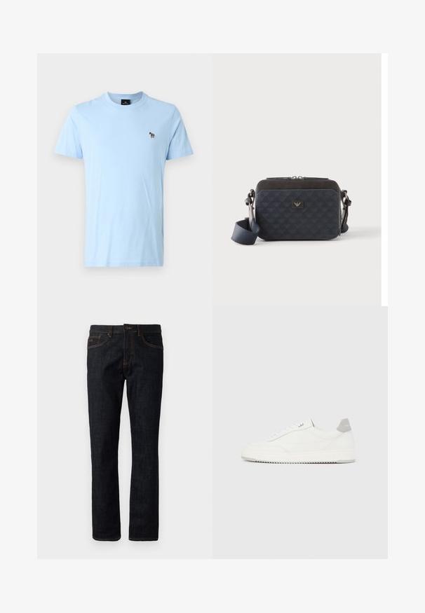 Hellblaues Baumwoll-T-Shirt mit Rundhalsausschnitt, kurzen Ärmeln und einem kleinen gestickten Zebra-Detail auf der linken Brust.; Dunkelblaue Slim-Fit-Jeans mit orangefarbenen Nähten, Knopfverschluss und Fünf-Taschen-Design, flach gegen einen weißen Hintergrund präsentiert.; Weißer Sneaker mit niedrigem Schaft, grauem Fersenlaschen, weißen Schnürsenkeln und einer strukturierten Sohle, dargestellt vor einem schlichten hellen Hintergrund.; Rechteckige dunkelblaue Umhängetasche mit verstellbarem Riemen, Reißverschluss und subtilem Logomuster auf der Vorderseite.