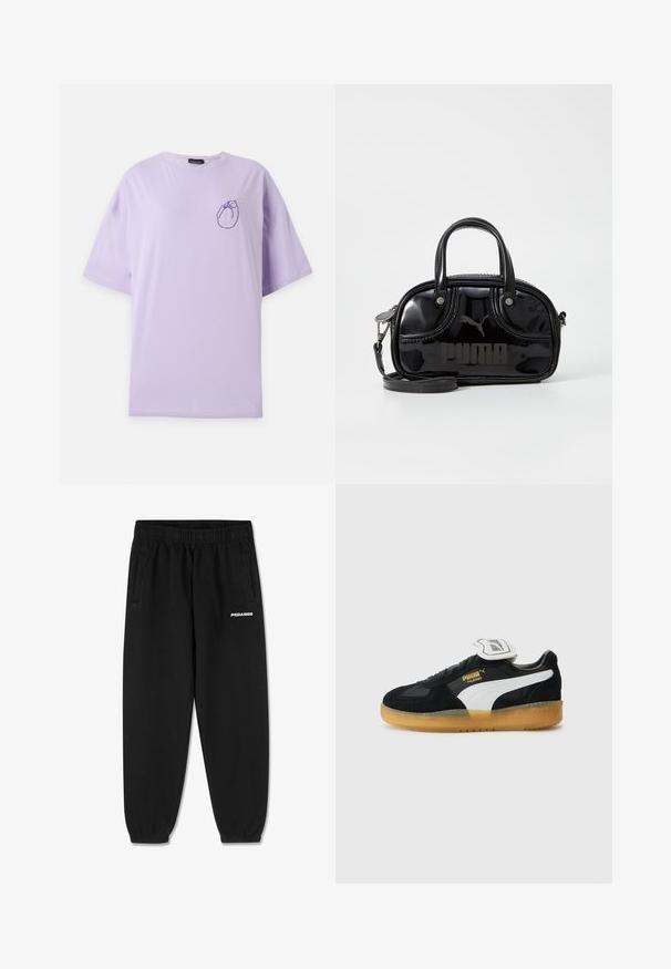 Lichtpaarse T-shirt met korte mouwen met een kleine donkerpaarse omtrek van een opgerolde kat op het linkerborstgebied.; Zwarte sweatpants van zacht materiaal, met een verstelbare tailleband, taps toelopende benen en zijzakken. "PEGADOR" logo in het wit op de voorkant.; Zwarte suède sneakers hebben witte leren accenten, een gewatteerde schacht en een gumrubberen zool. Het merkembleem is in goud op de zijkant afgebeeld.; Zwarte lakleren handtas met dubbele handvatten aan de bovenkant, afneembare schouderriem, ronde vorm en opvallend gegraveerd "PUMA" logo.