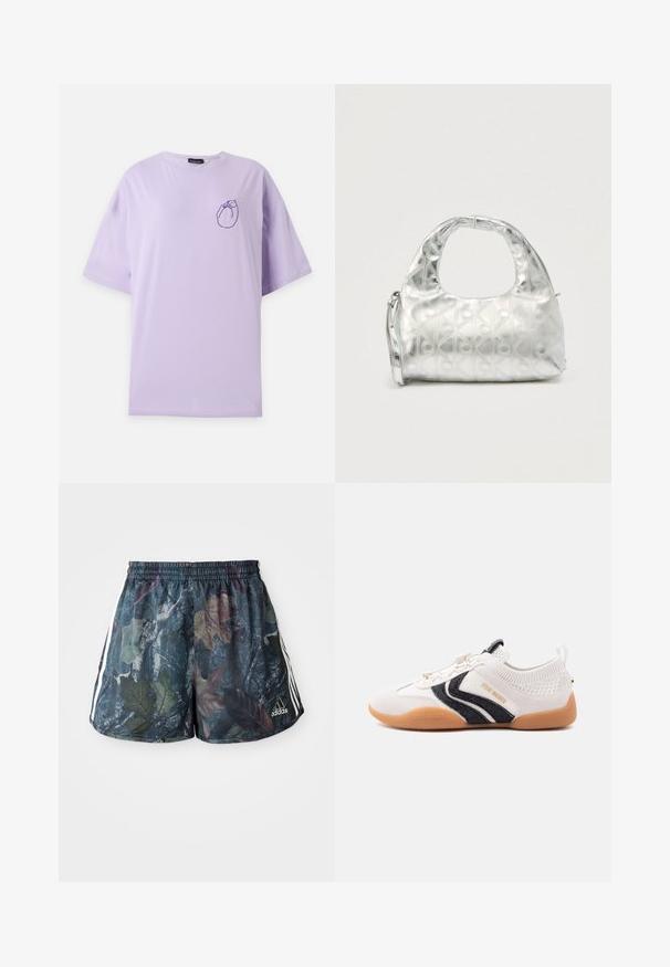 T-shirt violet clair à manches courtes avec un petit contour violet foncé d’un chat recroquevillé sur le côté gauche de la poitrine.; Un short pour adulte avec un motif de feuilles multicolores sur fond sombre, doté d'une taille élastique et de rayures blanches sur les côtés.; Baskets basses blanches avec semelle en caoutchouc beige, motif ondulé noir sur le côté, col en maille autour de la cheville, et texte de la marque « Steve Madden » sur la semelle et le côté.; Sac à main argenté avec un motif texturé de formes géométriques et de cercles, doté d'une poignée arrondie et d'une bandoulière amovible.