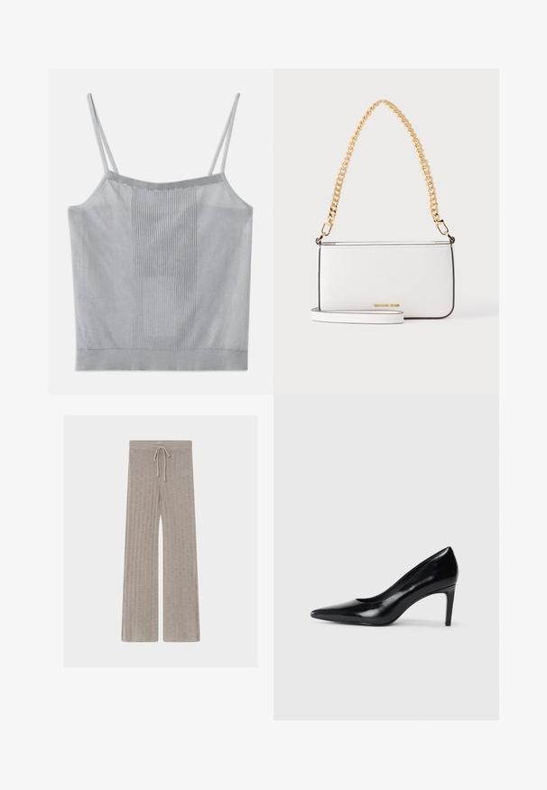 Top caraco gris clair avec fines bretelles, présentant une texture côtelée au centre et un tissu lisse sur les côtés, bords ourlés, et une coupe ajustée.; Pantalon beige en maille à jambes larges avec côtes verticales et taille à cordon, posé à plat sur un fond clair.; Chaussure à talon haut en cuir noir avec un bout pointu, texture lisse et un talon effilé. Design minimaliste, sans embellissements supplémentaires.; Sac à main rectangulaire en cuir blanc avec une fine bordure noire, une anse chaîne dorée et un petit logo doré au centre avant.