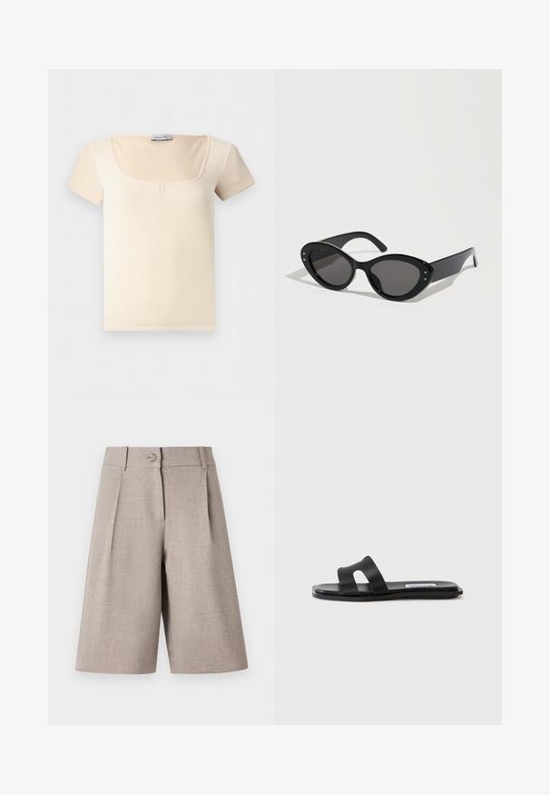 Haut beige côtelé à manches courtes avec encolure carrée et petite découpe en V au centre devant par Anna Field.; Shorts beige ajustés avec des plis, dotés d'une fermeture à bouton et d'une texture lisse, conçus pour une silhouette moderne et structurée.; Sandale plate noire avec deux larges brides, un détail découpé sur une des brides et une finition lisse mate. Semelle fine et flexible.; Lunettes de soleil noires à forme œil de chat surdimensionnée. Montures en plastique lisse avec des verres foncés et de petits accents étoilés sur les côtés.